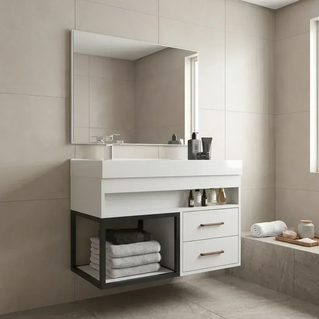 Ver imagem 2 de Conjunto Gabinete para Banheiro Suspenso com Cuba, Nicho e Espelheira em MDF New Branco