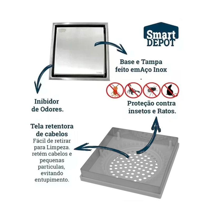 Ralo Invisível Oculto 15x15 Square Quadrado Com Tampa 2 Em 1 Piso Revestimento ou Inox Seca Piso - 7