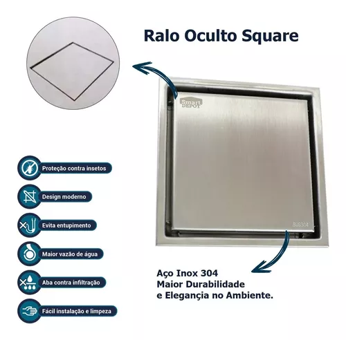 Ralo Invisível Oculto 15x15 Square Quadrado Com Tampa 2 Em 1 Piso Revestimento ou Inox Seca Piso - 5