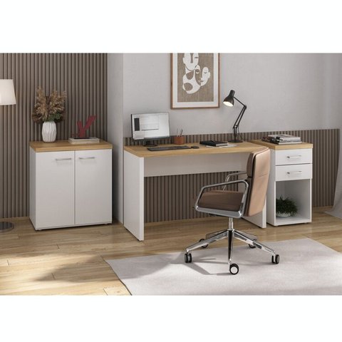 Conjunto 3 Peças com Escrivaninha Minimalista, Balcão Multiuso 2 Portas e Gaveteiro Organizador Olmo Branco Artany