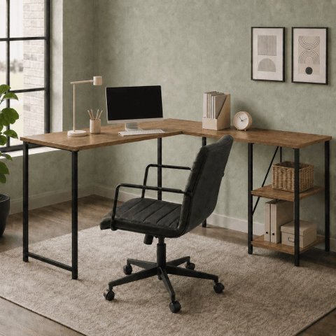 Mesa em L com Prateleira Office em MDF Estilo Industrial Klm Store