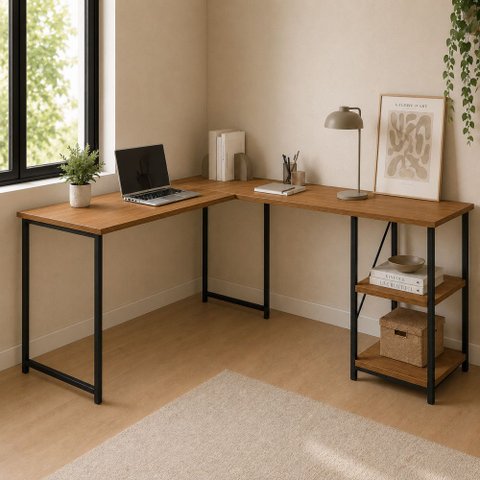 Mesa em L com Prateleira Office em MDF Estilo Industrial Klm Store