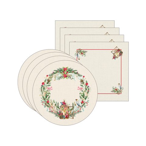 Kit Sousplat + Guardanapo Natal Lanterna - 4 Peças - com Base