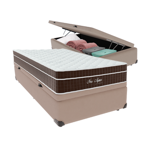 Cama + Box Baú Solteirão Bege Colchão New Aspen Molas Ensacadas Comfort Prime 96x203
