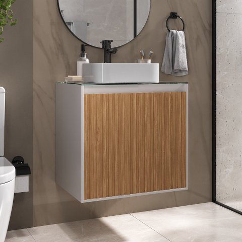 Gabinete para Banheiro Ripado com Tampo de Vidro