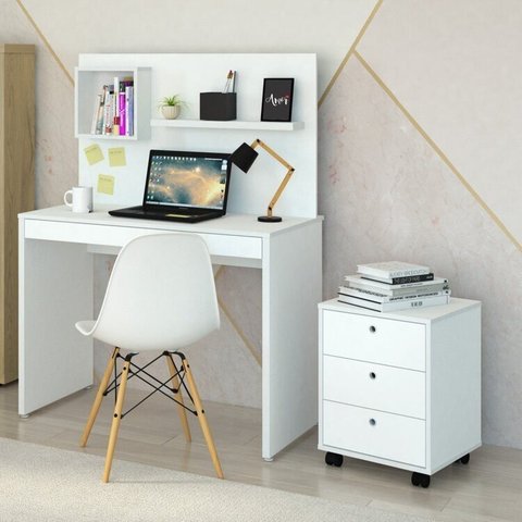 Conjunto 2 Peças com Escrivaninha Moderna com Painel e Nicho e Gaveteiro Organizador com 3 Gavetas Branco Artany