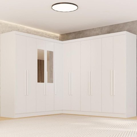 Guarda-Roupa Casal Modulado Canto com Espelho 11 Portas 4 Gavetas Multimóveis Branco