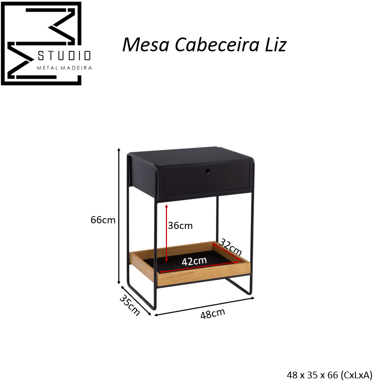 Mesa Cabeceira Liz Apoio Cama Quarto Mesinha Canto Studio Metal Madeira Preto - 7