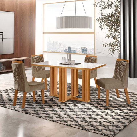 Conjunto de Jantar Mesa Florença 120CMX80CM Tampo MDF e Vidro com 4 Cadeiras Atena Marrom/Castanho Cinamomo/Pena Caramelo/Off White