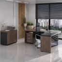 Ver imagem 1 de Conjunto 3 Peças com Mesa para Escritório Diretor em L Tamburato, Armário Baixo e Gaveteiro com Chave Charuto Preto Artany