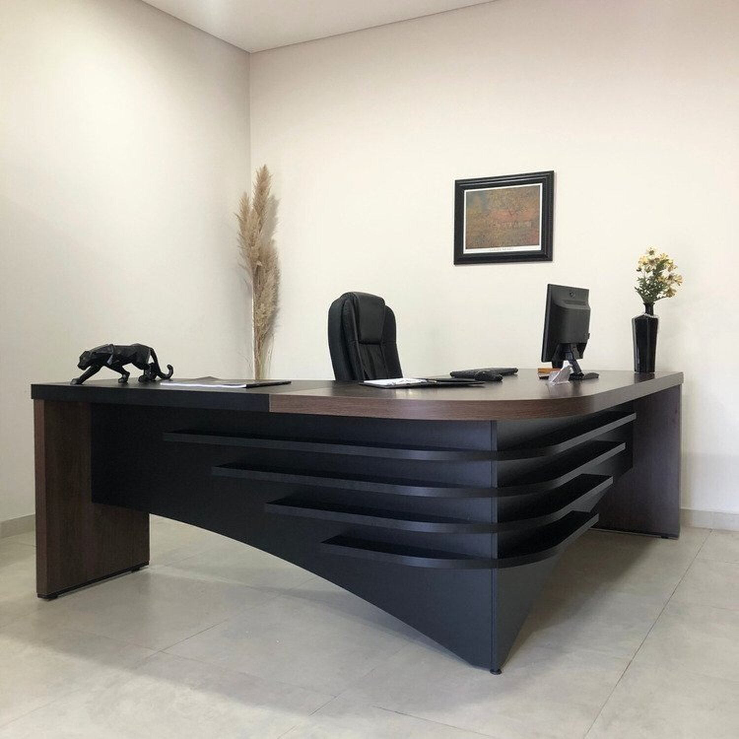 Kit 3 Peças com Mesa para Escritório Diretor em L Tamburato, Armário Baixo e Gaveteiro com Chave - 19