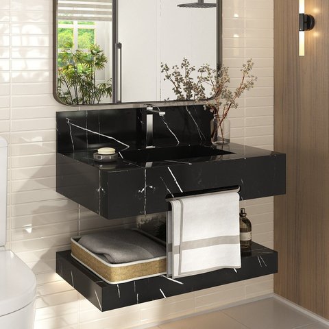 Bancada de Porcelanato para Banheiro com Toalheiro e Cuba Esculpida 70cm Ripy Yescasa Preto