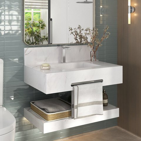 Bancada de Porcelanato para Banheiro com Toalheiro e Cuba Esculpida 70cm Ripy Yescasa Branco/Calacata