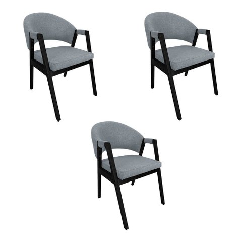 Kit 3 Cadeiras de Jantar Estofadas Helen Linho Cinza Madeira Eucalipto Tratado Preto Sala Luxo