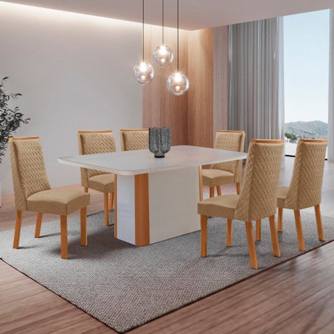 Mesa de Jantar Isadora 180cm Tampo MDF Vidro Canto Copo com 6 Cadeiras Carolina