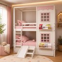 Ver imagem 1 de Treliche Infantil Casinha Reta com 02 Janelas e Escorregador Madeira Maciça Branco/ Rosa
