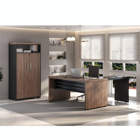 Conjunto 3 Peças com Mesa Operacional 1400, de Apoio e Armário Multiuso com Nicho Charuto Preto Marrom Artany