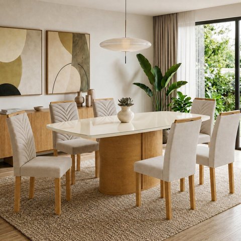 Conjunto de Mesa de Jantar 6 Lugares com Tampo de Vidro Cinamomo e Off White