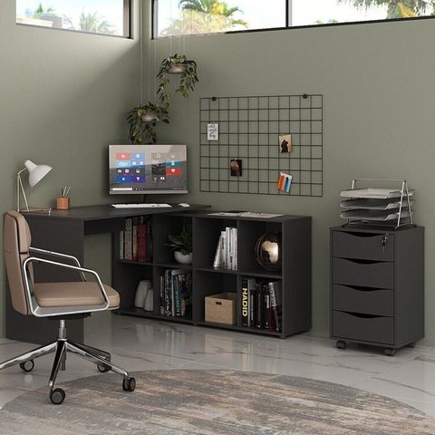 Conjunto 2 Peças com Escrivaninha em L e Gaveteiro Bit Organizador com Chave 4 Gavetas 8 Nichos 135C 100% MDF