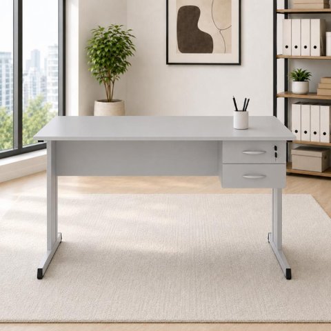 Mesa Escrivaninha Pés Metal 120cm x 60cm com Gaveteiro Suspenso 2 Gavetas F5 Office Cor:Cinza