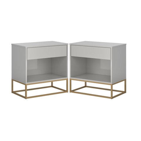 Jogo de Cabeceira 2 Criados Malta 45cm Off White Pés de Ferro Dourado