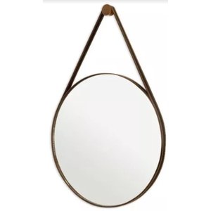 Espelho Redondo Adnet 90cm Moldura e Alça Couro Café + Suporte