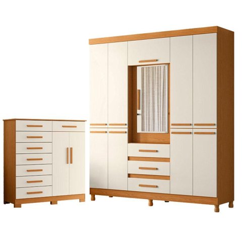 Guarda Roupa Casal New Fusion 10 Portas e Cômoda Verona Cinamomo Off White - Móveis Albatroz