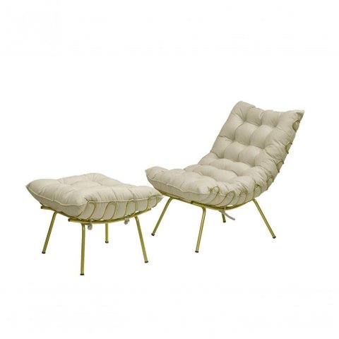 Kit Poltrona Decorativa Costela com Puff Adão Dourado - Bege