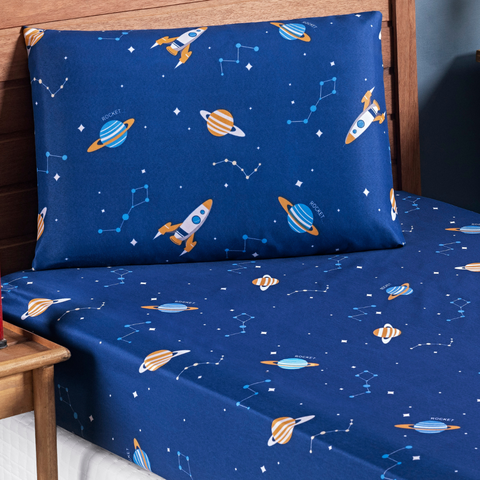 Jogo Lençol Infantil Solteiro Bouti 2 Peças 200 Fios Estampado Toque Seda:galaxia