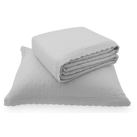 Kit Colcha Amelie Cinza 3 Peças Bordado Inglês C/ Toque de Algodão