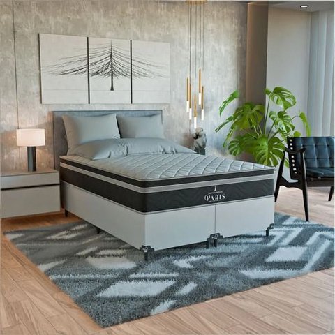 Cama Box Casal Bipartido + Colchão Paris Molas Preto Couro Branco/preto