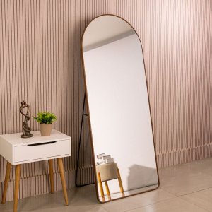 Espelho Grande Oval com Base Reta Marrom Corpo Inteiro 150x60 Cm com Suporte de Chão
