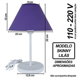 Abajur Infantil Luminária de Mesa Fino Decoração Quarto – Skinny Base Branca Cúpula Lilás - 2