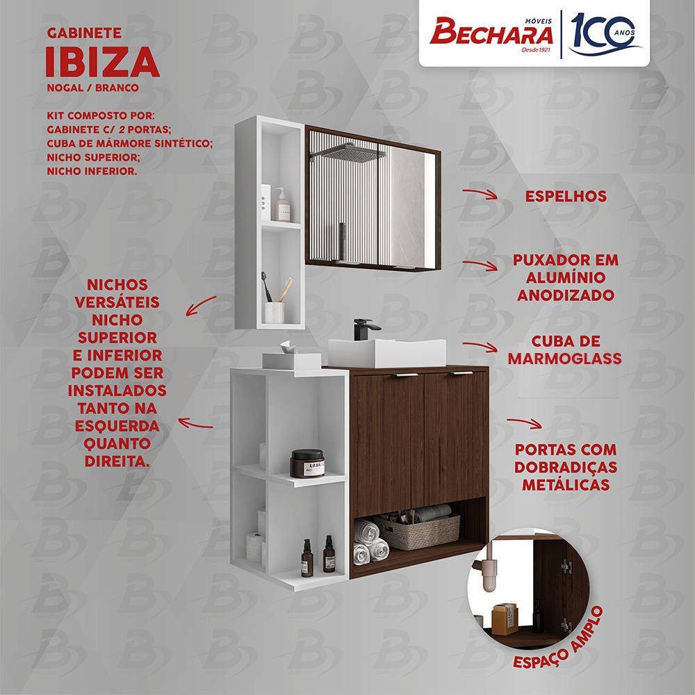 Gabinete Banheiro Ibiza 2 Portas Cuba e Armario Espelheira Nogal/Branco - 4