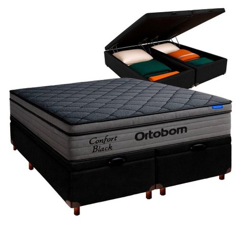 Cama Box Bau Preto+colchão King Confort Black Espuma Ortobom