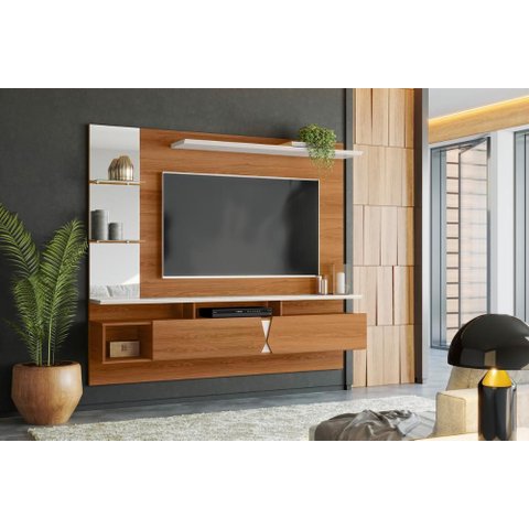Painel Vega P/ Tvs até 55'' C/ Gaveteiros e Prateleiras Suporte para Itens - Jequitiba/off White