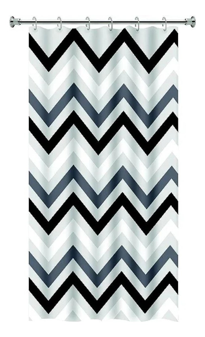 Cortina Box Banheiro Zig Zag Preto Branco Gancho 198x138cm