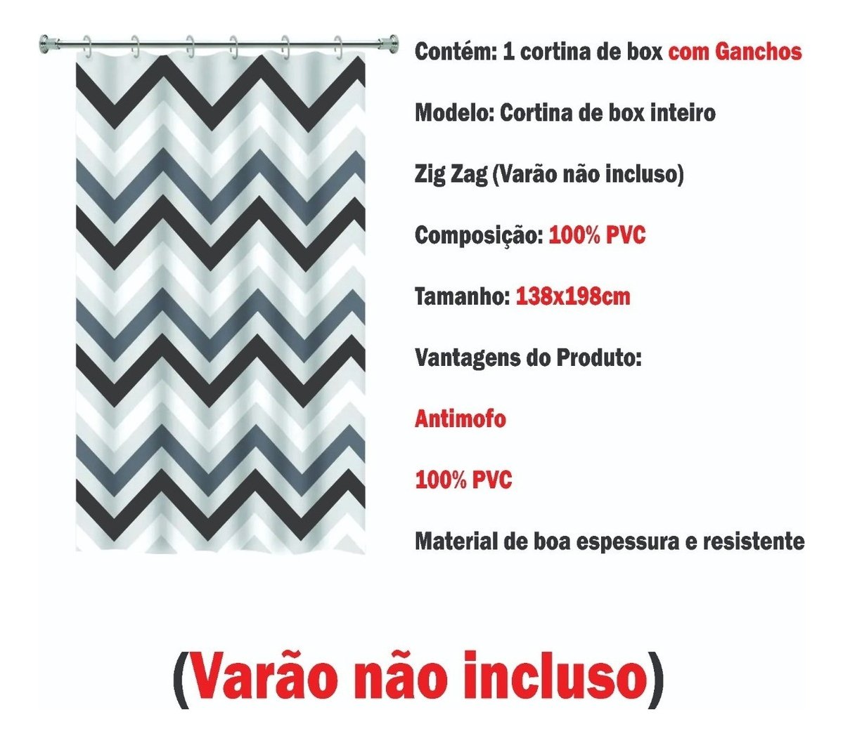 Cortina Box Banheiro Zig Zag Preto Branco Gancho 198x138cm - 6