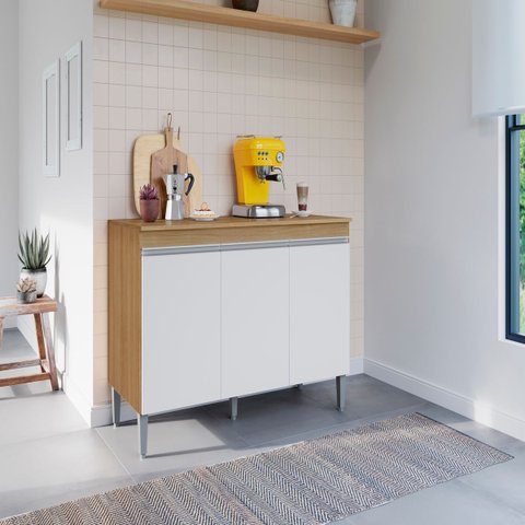 Balcão de Cozinha para Pia 120cm 3 Portas sem Tampo Manu MDP Amêndoa/Branco Multiuso Lavanderia