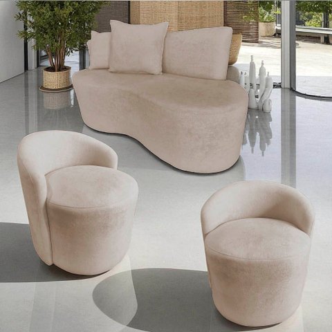 Kit Namoradeira + 2 Poltronas Yara Orgânica Veludo Bege