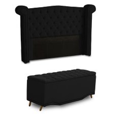 KIT + Cabeceira Com Recamier Baú Dunas Princesa em captonê 1,40 Casal Cama Box Preto Veludo Dalaqua- - 1