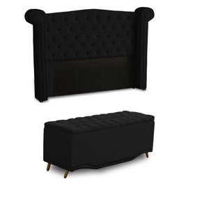 KIT + Cabeceira Com Recamier Baú Dunas Princesa em captonê 1,40 Casal Cama Box Preto Veludo Dalaqua-