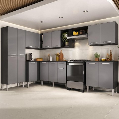Armário Cozinha Modulada Completa de Canto 432,5cm Pequim Pop Multimóveis Mp3774 Preto/lacca Fumê