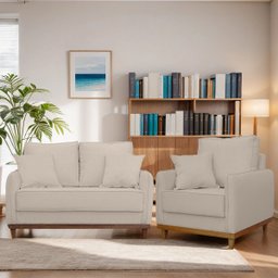 Kit Poltrona e Sofa Sena 2 Lugar Base de Madeira para Sala Hotel Linho Palha Ateliê do Conforto Kit  - 2