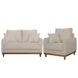 Kit Poltrona e Sofa Sena 2 Lugar Base de Madeira para Sala Hotel Linho Palha Ateliê do Conforto Kit  - 1