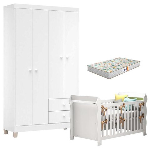 Berço Americano Lara com Colchão Gazin e Guarda Roupa Ternura Baby 4 Portas Branco Flex - Incorplac