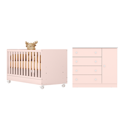 Conjunto Berço Americano com Rodízios e Cômoda Doce Sonho Rosa Acetinado - Qmovi - 1