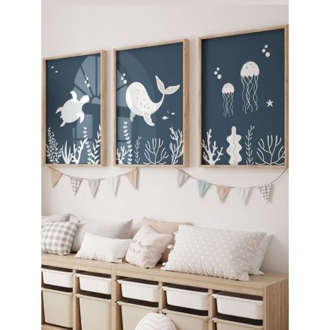 Kit 3 Quadros Infantil Animais Fundo Oceano Quarto Bebê Menino 40x60 Moldura Madeira NO6