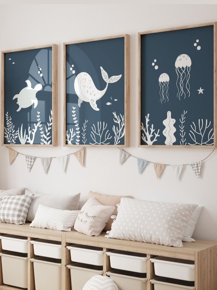 Kit 3 Quadros Decorativos Infantil Animais Fundo Oceano No6