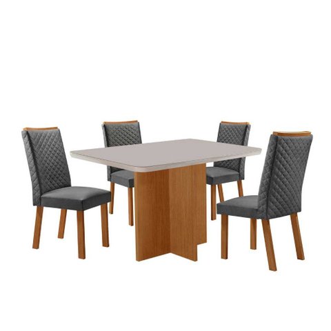 Mesa de Jantar Olimpia 120cm Tampo MDF e Vidro Canto Copo com 4 Cadeiras Lira